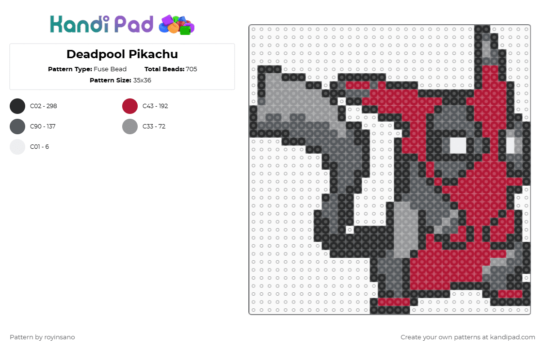 Deadpool Pikachu - Fuse Bead Pattern by royinsano on Kandi Pad - gray,red