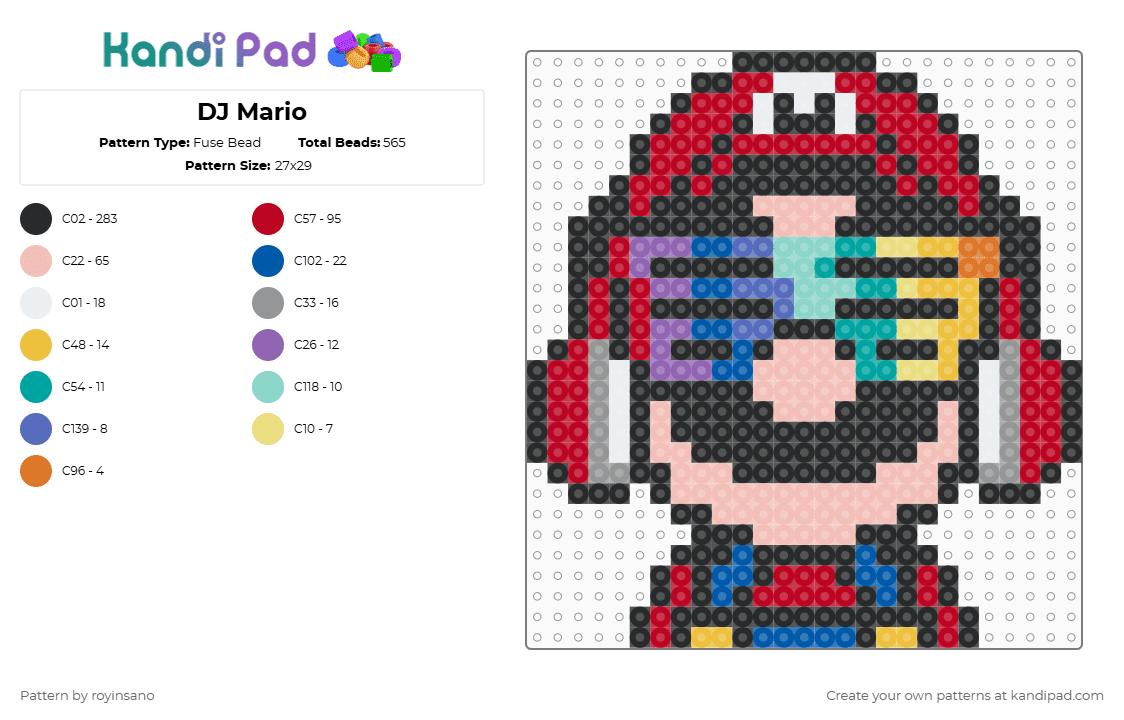 DJ Mario - Fuse Bead Pattern by royinsano on Kandi Pad - mario,dj,headphones,music,nintendo,sunglasses,character,video game,gaming,black,red,beige,blue