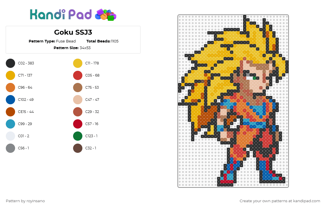 Goku SSJ3 - Fuse Bead Pattern by royinsano on Kandi Pad - orange,red,yellow