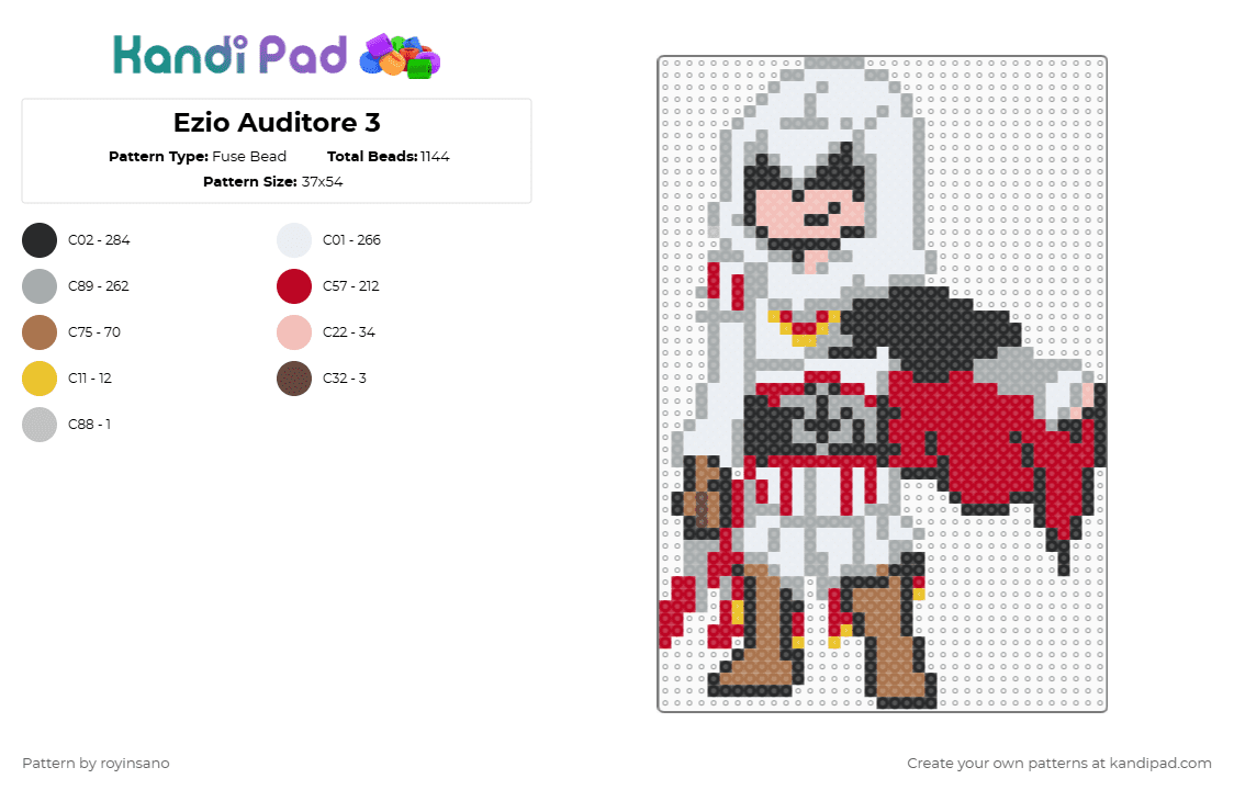 Ezio Auditore 3 - Fuse Bead Pattern by royinsano on Kandi Pad - assassins creed,video game,character,gaming,red,gray