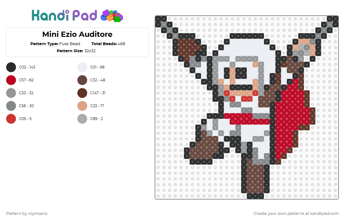 Mini Ezio Auditore - Fuse Bead Pattern by royinsano on Kandi Pad - gray,red,brown