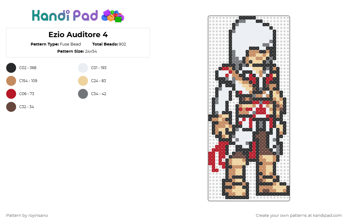 Ezio Auditore 4 - Fuse Bead Pattern by royinsano on Kandi Pad - red,tan,beige