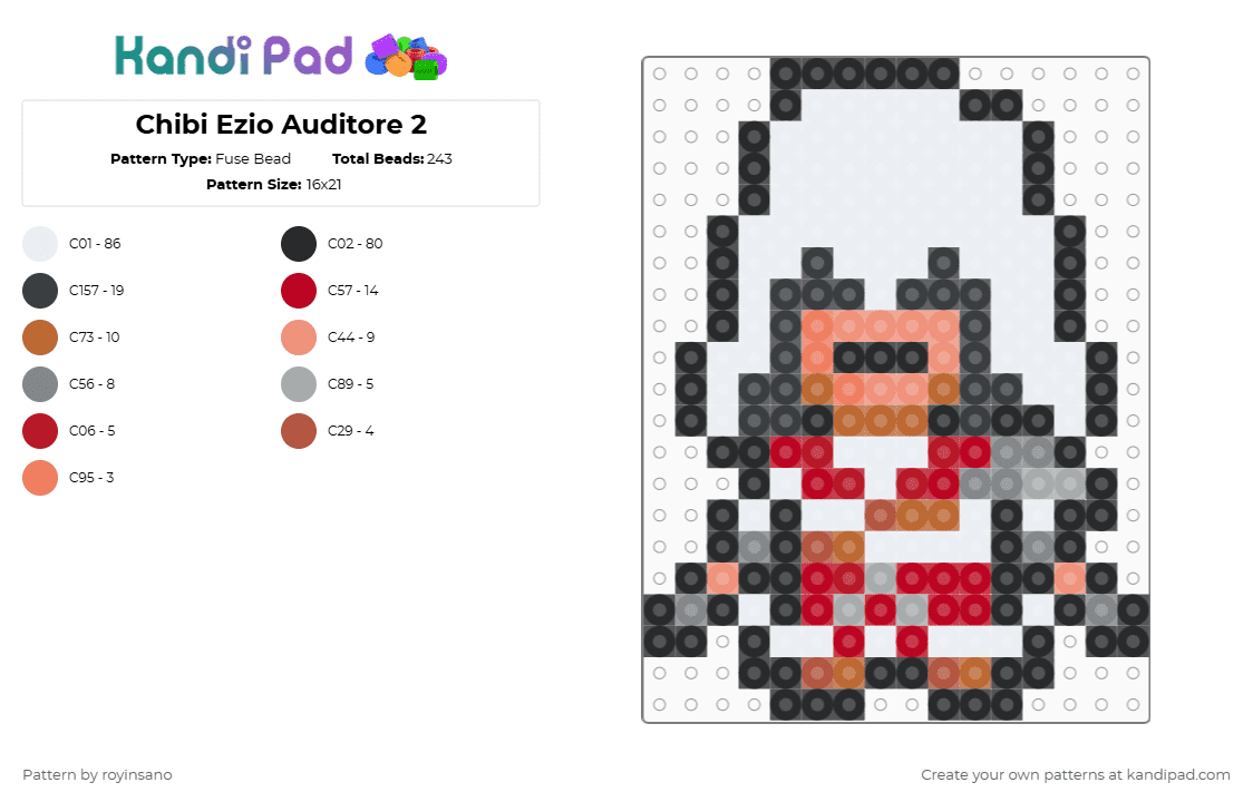 Chibi Ezio Auditore 2 - Fuse Bead Pattern by royinsano on Kandi Pad - white,red