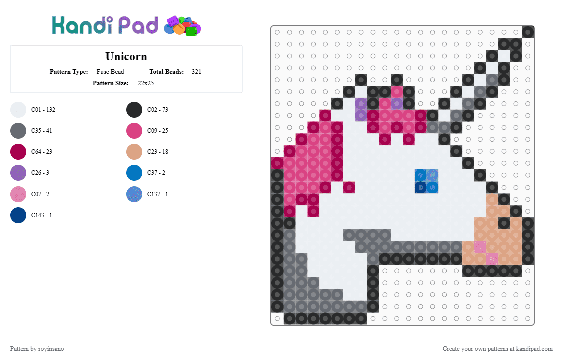 Unicorn - Fuse Bead Pattern by royinsano on Kandi Pad - white,pink,gray