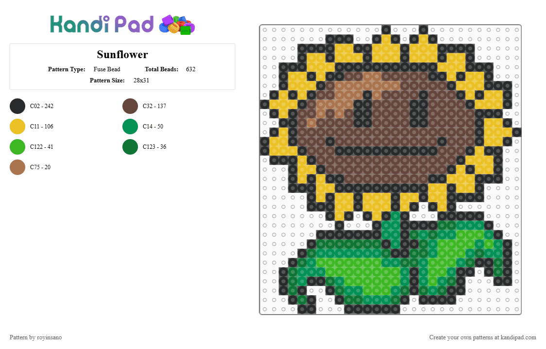Sunflower - Fuse Bead Pattern by royinsano on Kandi Pad - brown,yellow,green