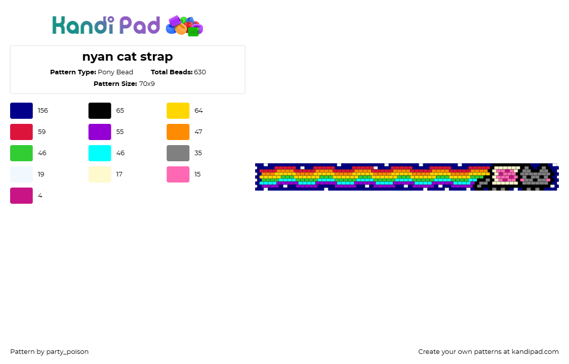 nyan cat strap - Pony Bead Pattern by party_poison on Kandi Pad - purple,yellow,nyan cat,pop tart,poptart,pink,cat,meme,rainbow,bag