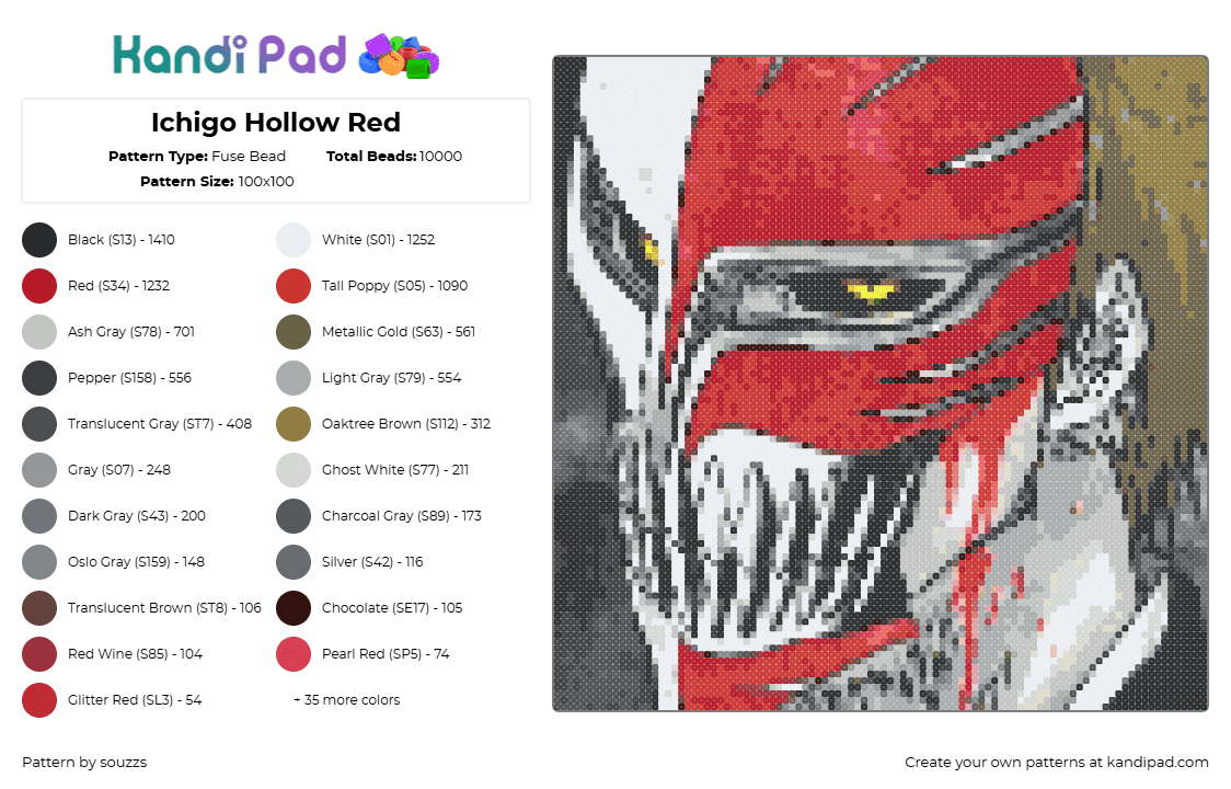 ├𝐁𝐋𝐄𝐀𝐂𝐇┤ Ichigo Hollow Red |ᴬᴿᵀ| - Fuse Bead Pattern by souzzs on Kandi Pad - anime,bleach,ichigo,hollow