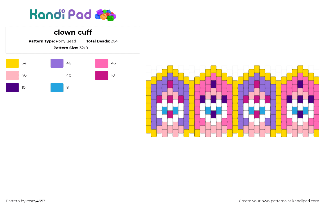 clown cuff - Pony Bead Pattern by rosey4657 on Kandi Pad - pink,purple,yellow