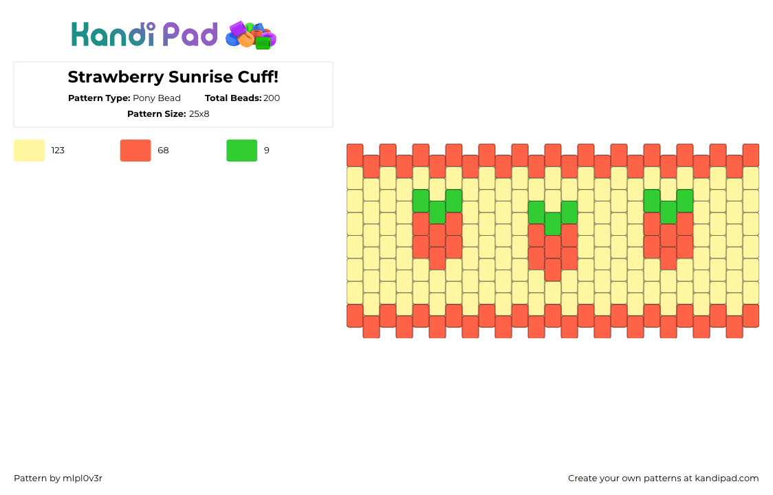 Strawberry Sunrise Cuff! - Pony Bead Pattern by mlpl0v3r on Kandi Pad - red,yellow,strawberrysunrise,mlp,mylittlepony,cuff