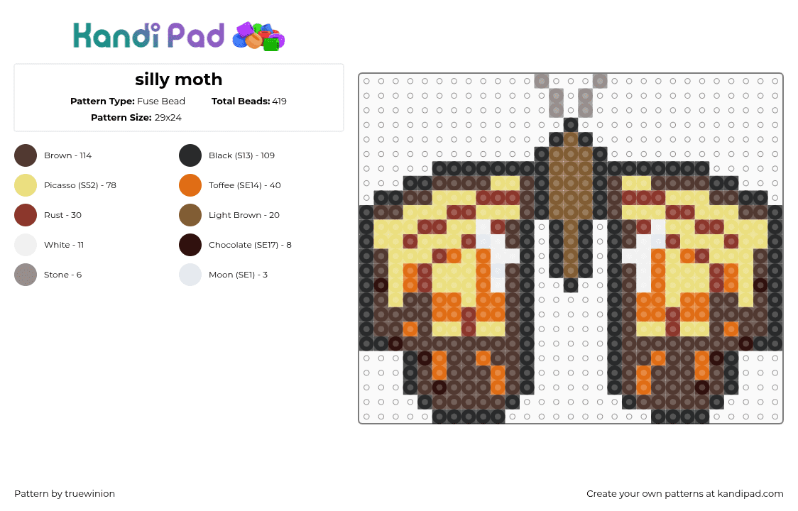 silly moth - Fuse Bead Pattern by truewinion on Kandi Pad - brown,yellow