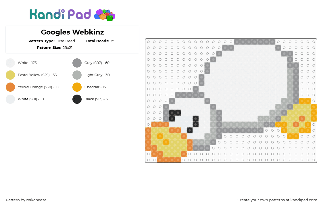 Googles Webkinz - Fuse Bead Pattern by mikcheese on Kandi Pad - white,gray,webkinz,googles,cute