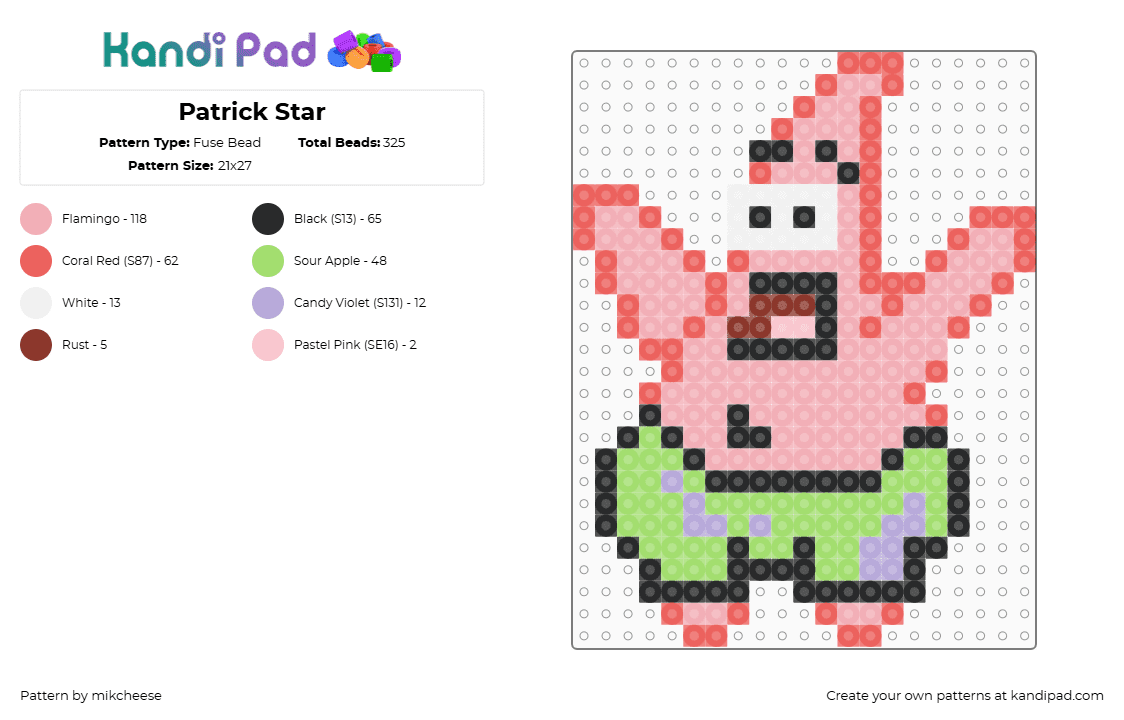 Patrick Star - Fuse Bead Pattern by mikcheese on Kandi Pad - red,beige,patrick star,patrick,starfish,spongebob