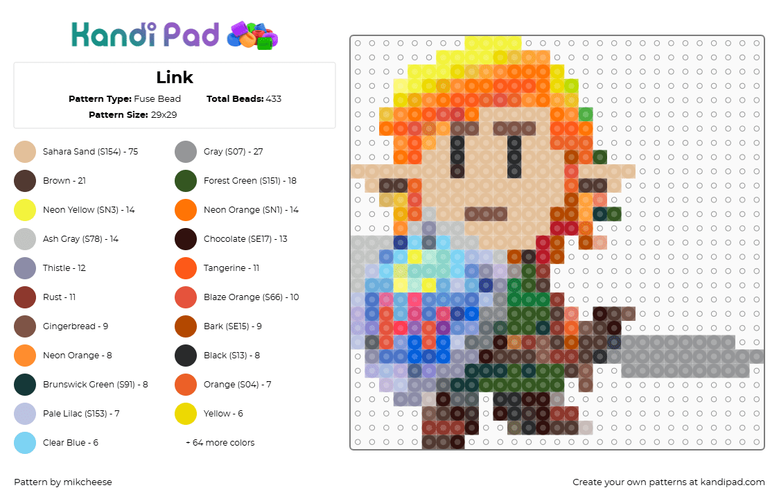 Link - Fuse Bead Pattern by mikcheese on Kandi Pad - orange,red,brown,gray,colorful,zelda,link,game,video game