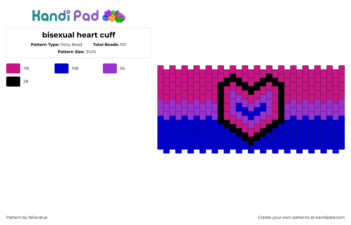 bisexual heart cuff - Pony Bead Pattern by feliscatus on Kandi Pad - pink,purple