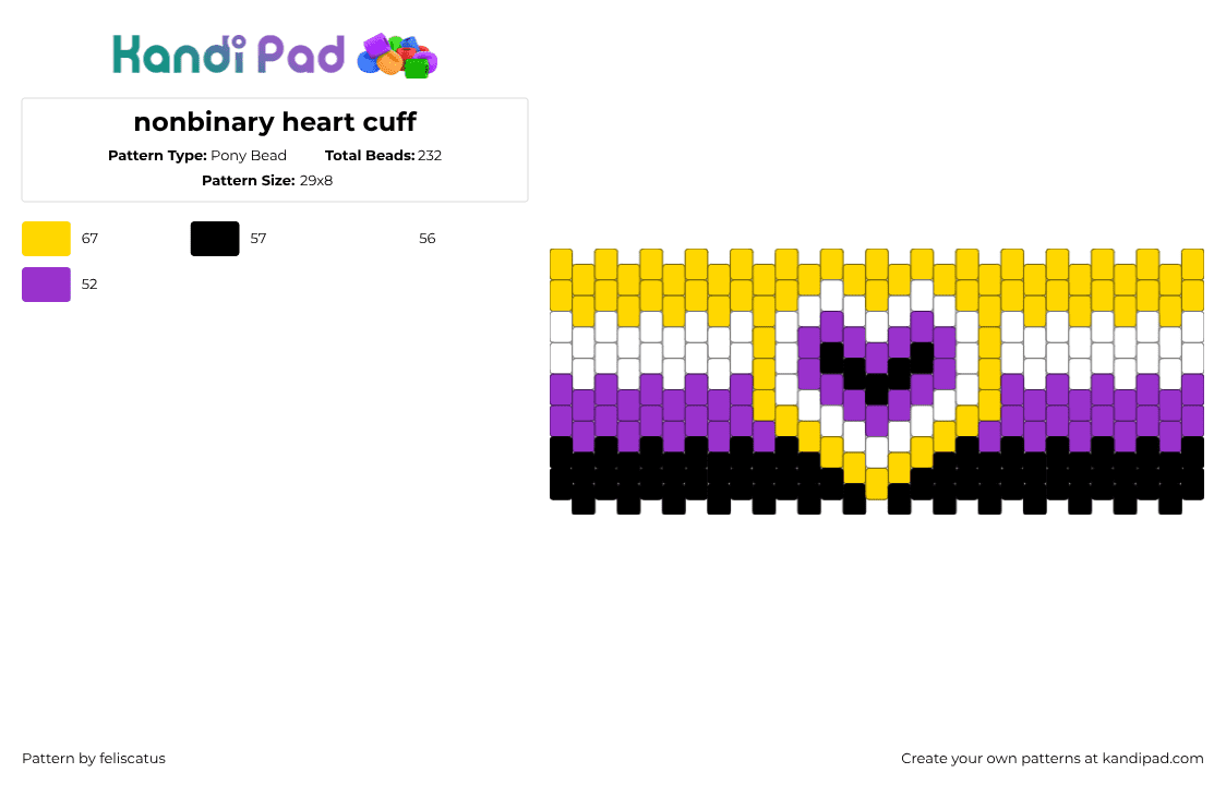 nonbinary heart cuff - Pony Bead Pattern by feliscatus on Kandi Pad - yellow,purple