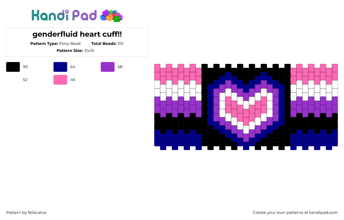 genderfluid heart cuff!! - Pony Bead Pattern by feliscatus on Kandi Pad - pink,purple