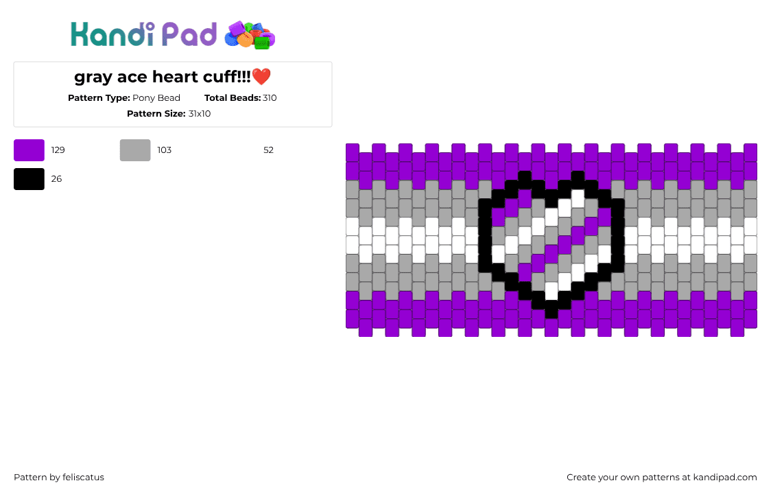 gray ace heart cuff!!!❤ - Pony Bead Pattern by echo_the_cat on Kandi Pad - purple,beige