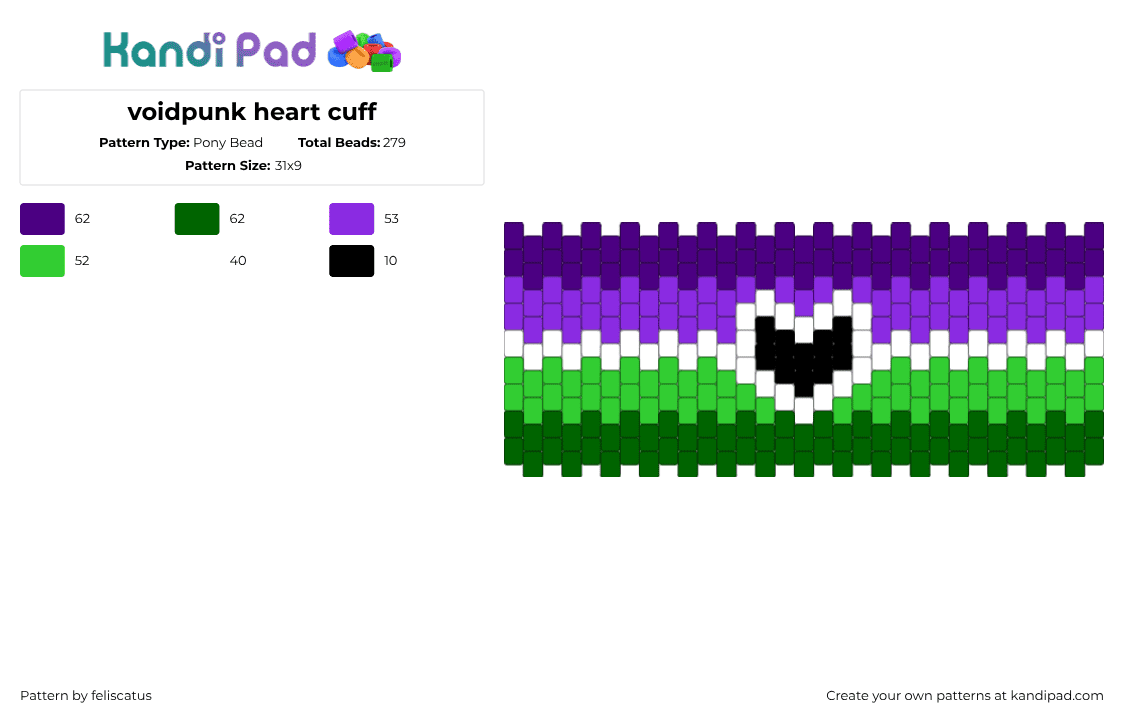 voidpunk heart cuff - Pony Bead Pattern by feliscatus on Kandi Pad - purple,green