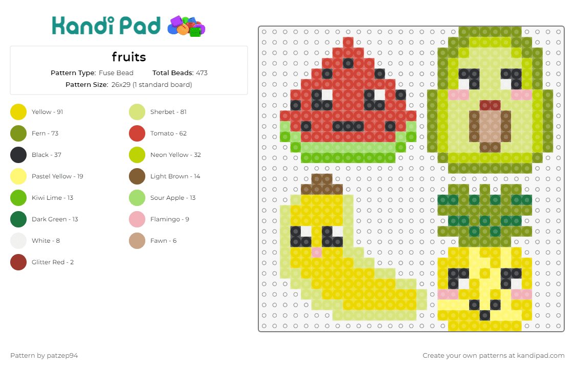 fruits - Fuse Bead Pattern by patzep94 on Kandi Pad - fruit,watermelon,banana,avocado,pineapple,food,cute,snack,yellow,red,green