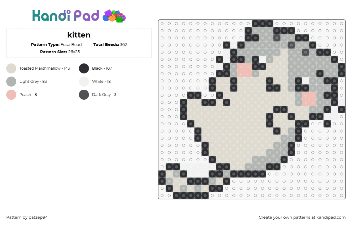 kitten - Fuse Bead Pattern by patzep94 on Kandi Pad - cat,kitten,kitty,cute,animal,playful,kawaii,gray