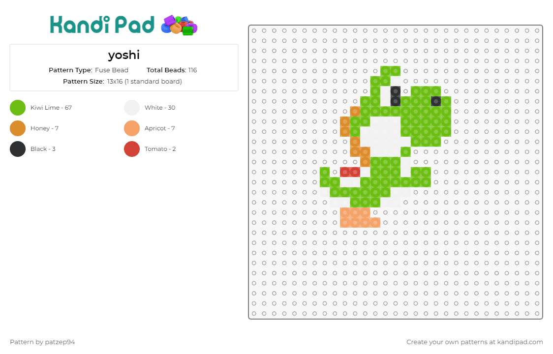 yoshi - Fuse Bead Pattern by patzep94 on Kandi Pad - yoshi,mario,nintendo,dinosaur,video game,cute,small,character,green