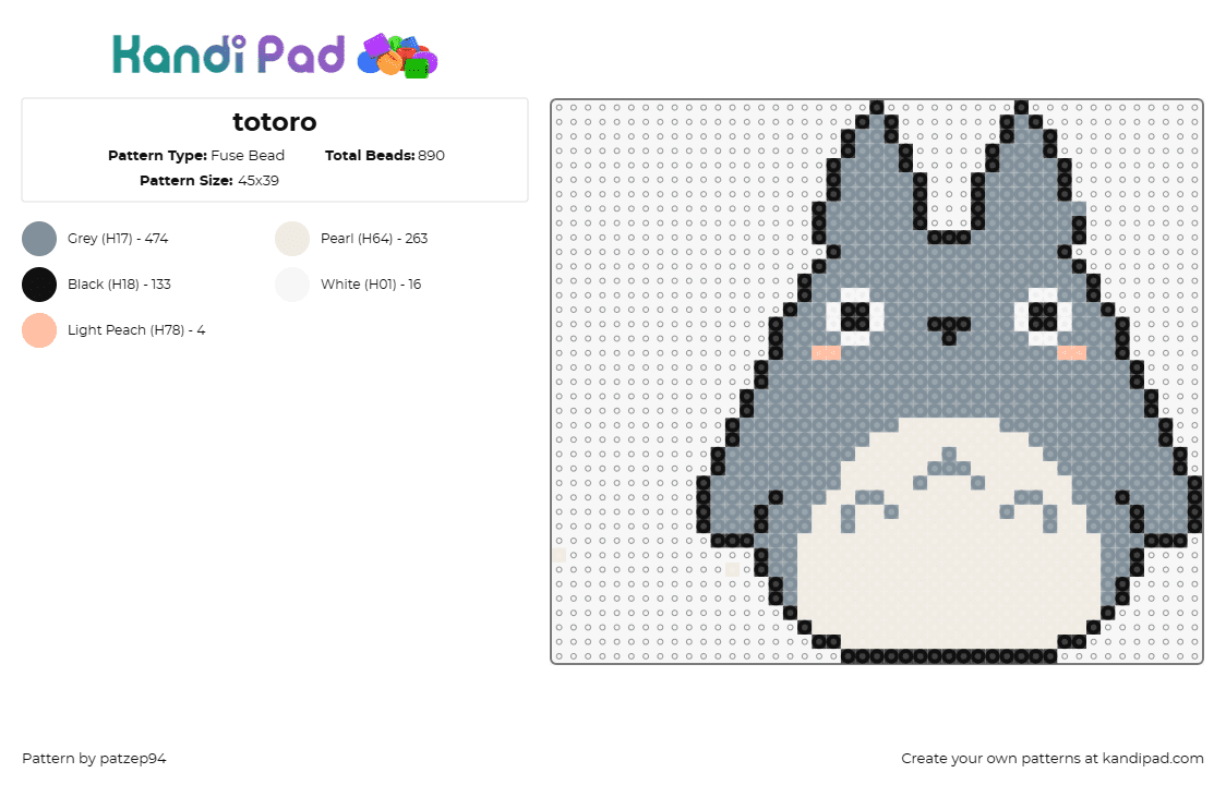 totoro - Fuse Bead Pattern by patzep94 on Kandi Pad - my neighbor totoro,anime,ghibli,kawaii,character,gray,white