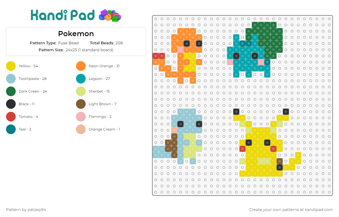 Pokemon - Fuse Bead Pattern by patzep94 on Kandi Pad - pokemon,pikachu,charmander,squirtle,bulbasaur,characters,game,yellow,teal,orange