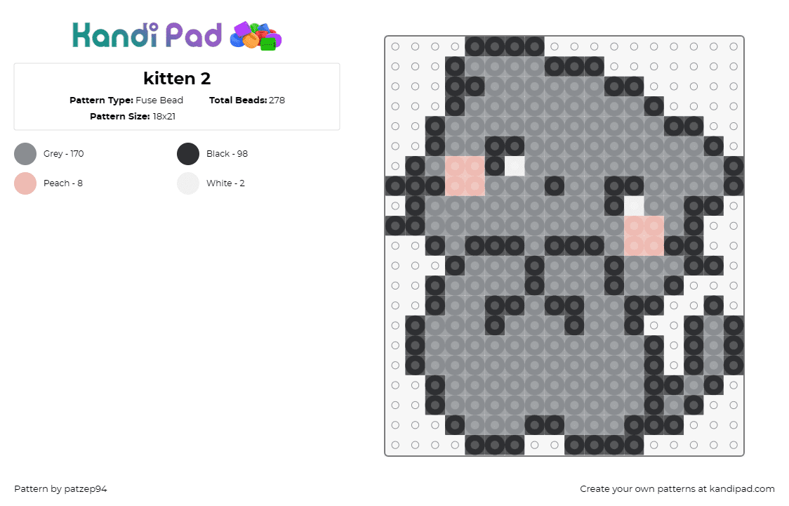 kitten 2 - Fuse Bead Pattern by patzep94 on Kandi Pad - cat,kitten,kitty,cute,animal,playful,kawaii,gray