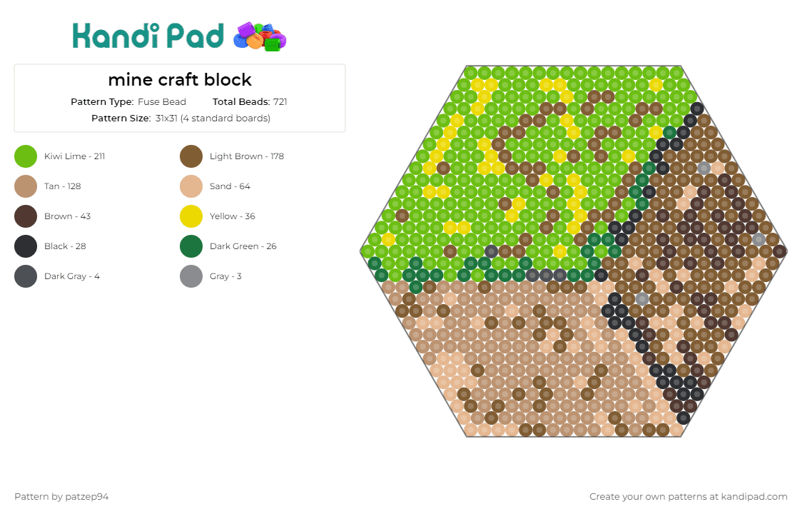 mine craft block - Fuse Bead Pattern by patzep94 on Kandi Pad - minecraft,block,grass,dirt,hexagon,video game,brown,tan,green
