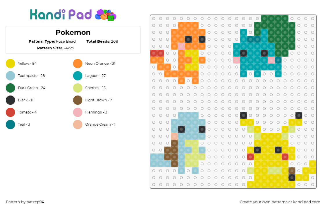 Pokemon - Fuse Bead Pattern by patzep94 on Kandi Pad - pokemon,pikachu,charmander,squirtle,bulbasaur,characters,game,yellow,teal,orange