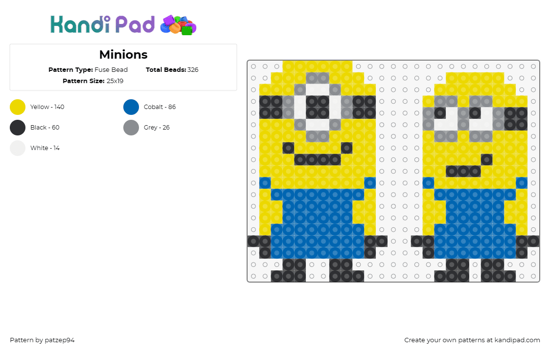 Minions - Fuse Bead Pattern by patzep94 on Kandi Pad - minions,despicable me,characters,cute,playful,silly,yellow,blue