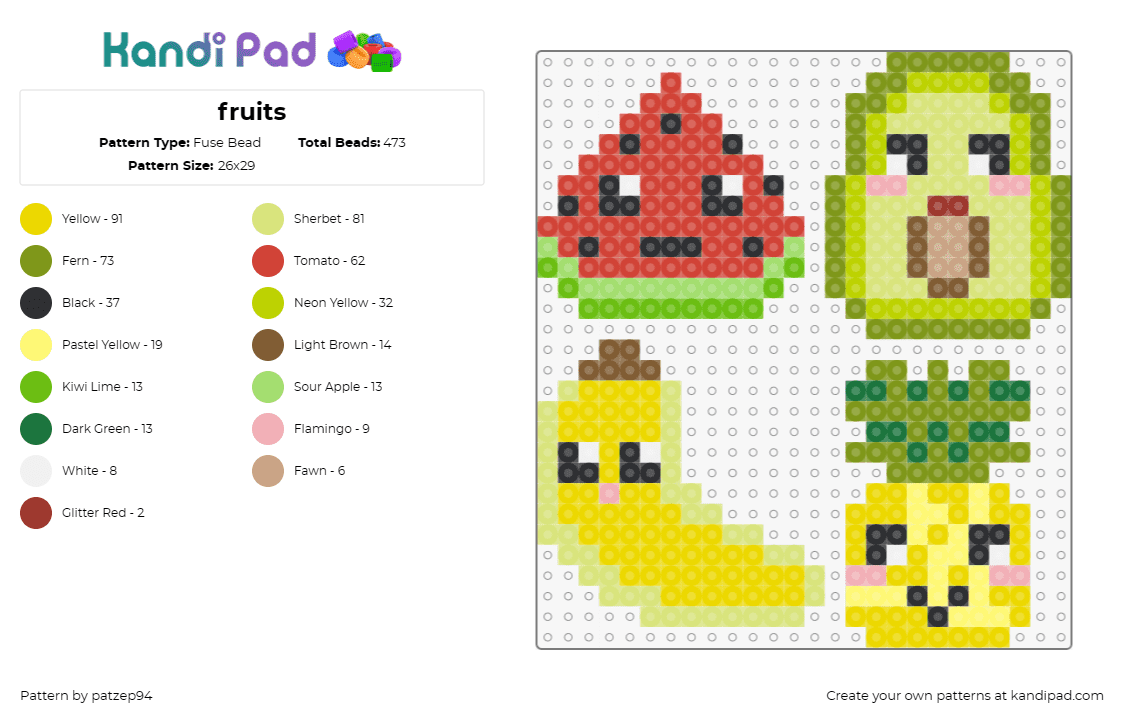 fruits - Fuse Bead Pattern by patzep94 on Kandi Pad - fruit,watermelon,banana,avocado,pineapple,food,cute,snack,yellow,red,green