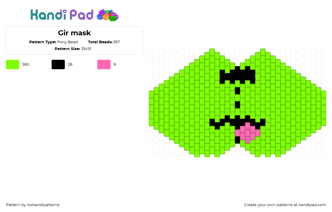 Gir mask - Pony Bead Pattern by koikandipatterns on Kandi Pad - green