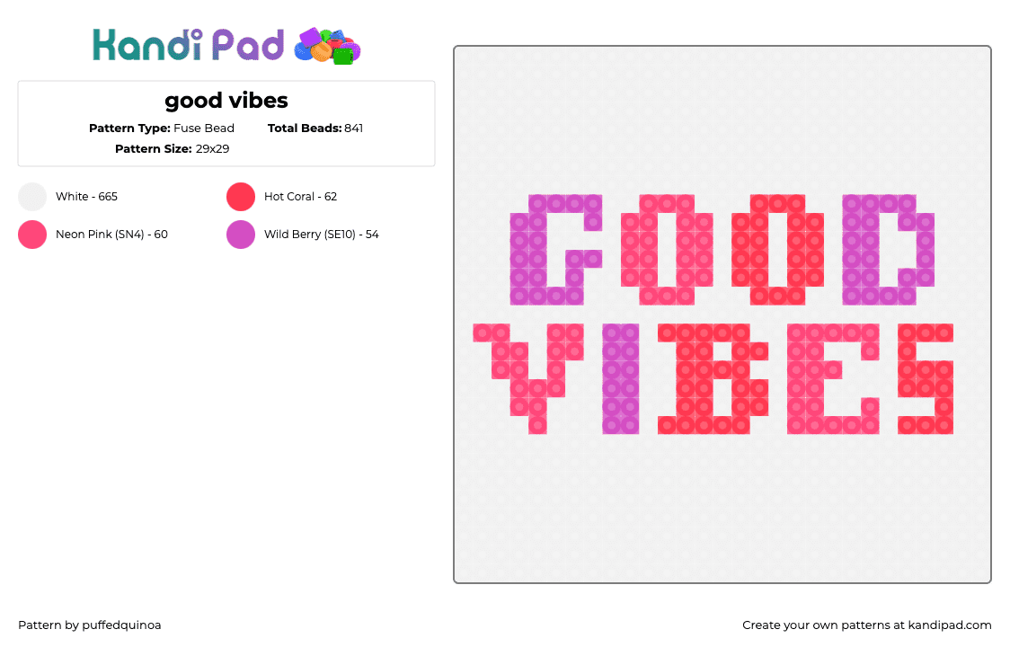 good vibes - Fuse Bead Pattern by puffedquinoa on Kandi Pad - pink,light blue,beige