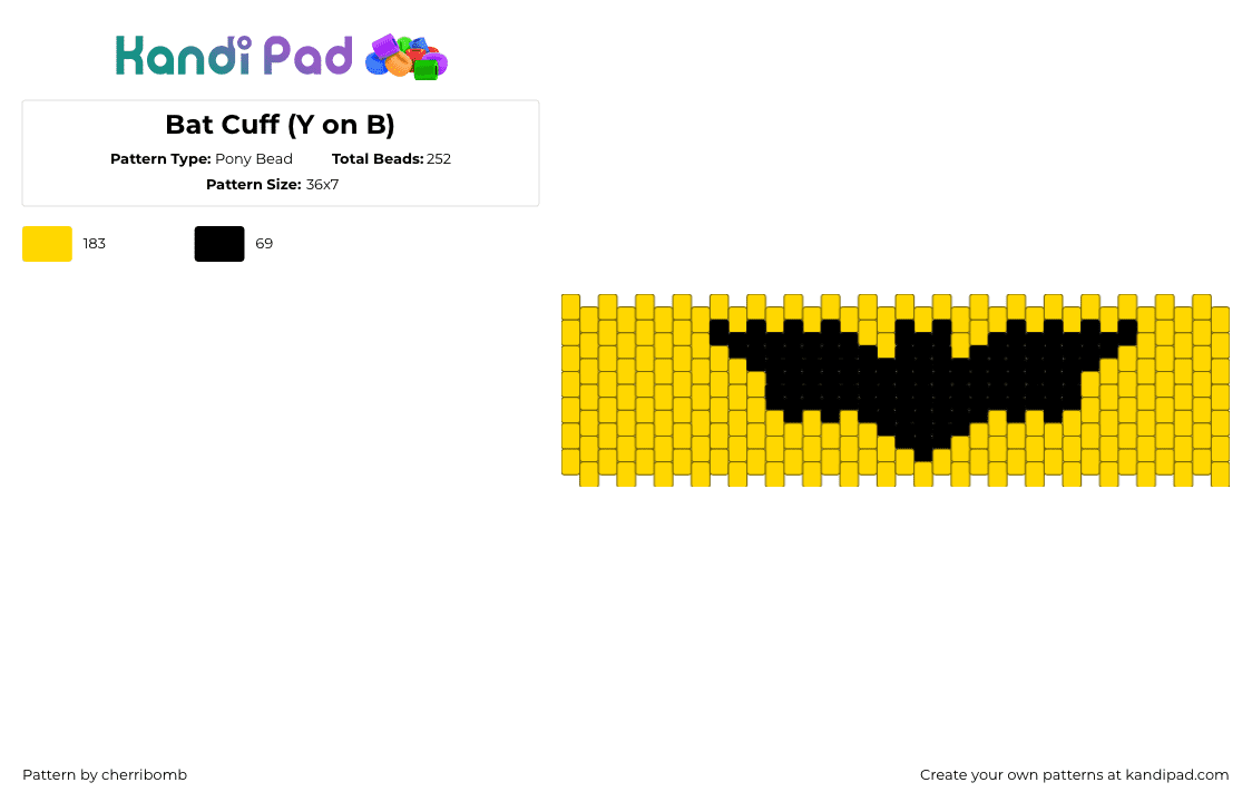 Bat Cuff (Y on B) - Pony Bead Pattern by cherribomb on Kandi Pad - yellow,black,batman,comics,superhero,dc,marvel