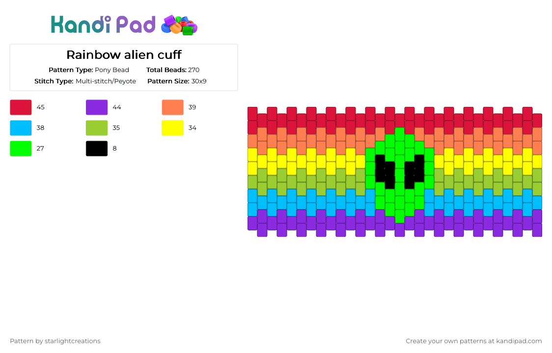 Rainbow alien cuff - Pony Bead Pattern by starlightcreations on Kandi Pad - red,green,purple