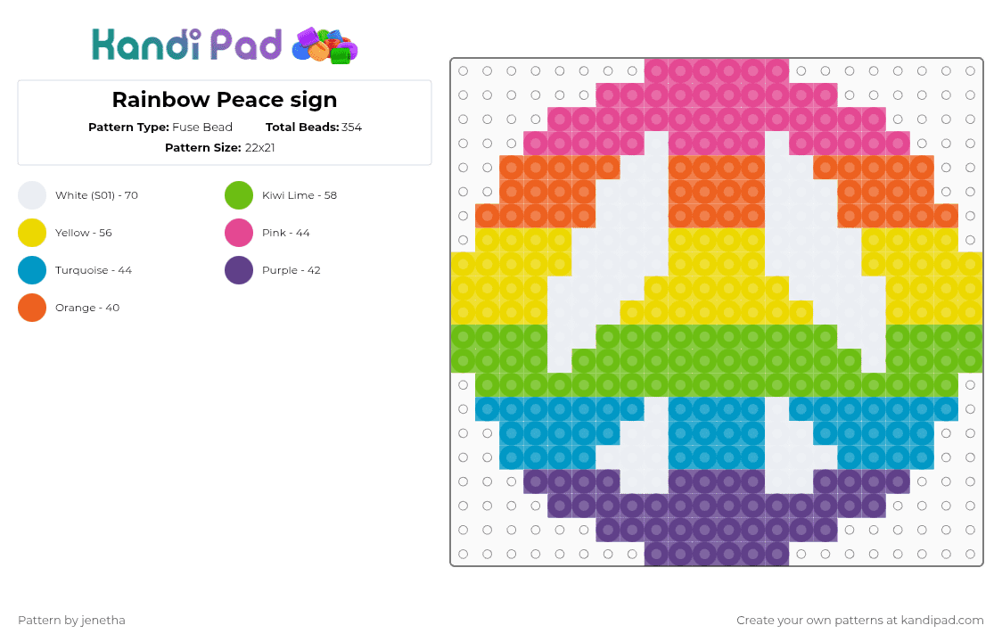Rainbow Peace sign - Fuse Bead Pattern by jenetha on Kandi Pad - pink,yellow,green,light blue
