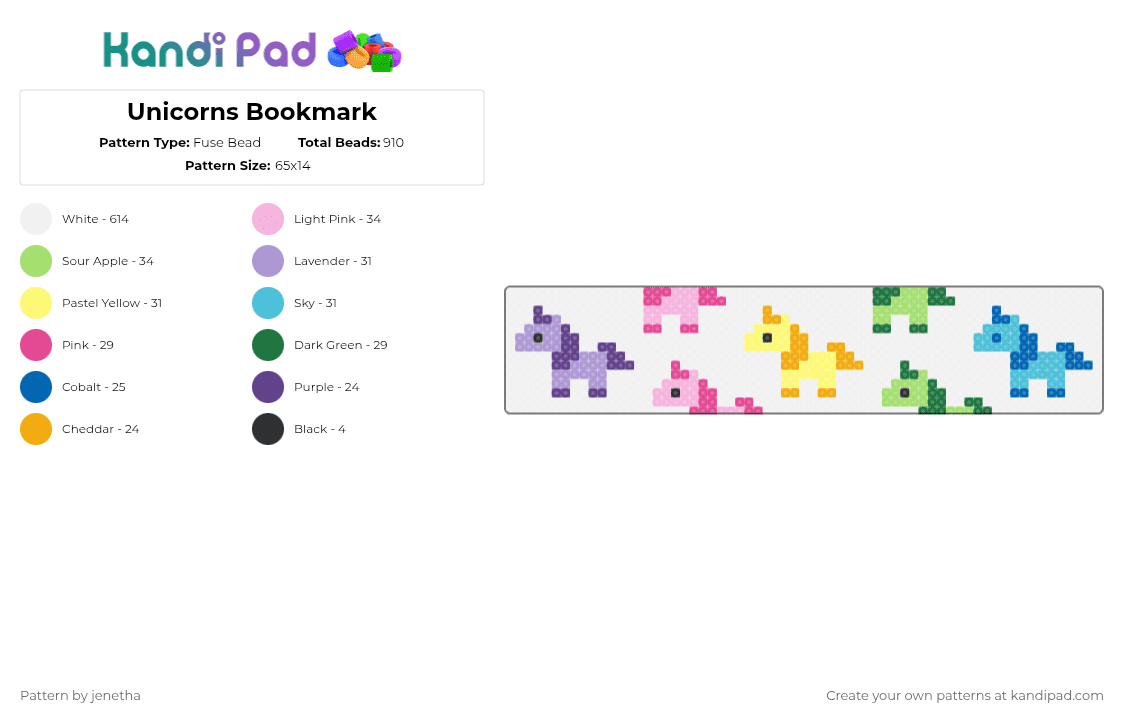 Unicorns Bookmark - Fuse Bead Pattern by jenetha on Kandi Pad - white,pink,green