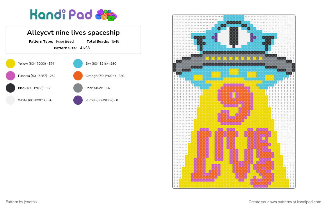 Alleycvt nine lives spaceship - Fuse Bead Pattern by jenetha on Kandi Pad - light blue, pink, yellow