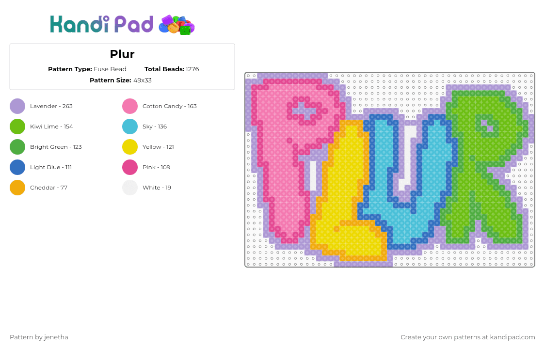 Plur - Fuse Bead Pattern by jenetha on Kandi Pad - plur,peace,love,unity,respect,text,grafitti,music,edm,rave,pink,green
