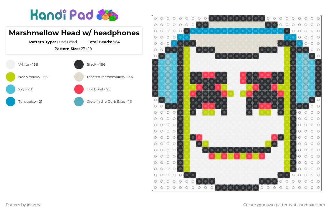 Marshmellow Head w/ headphones - Fuse Bead Pattern by jenetha on Kandi Pad - white,light blue,green