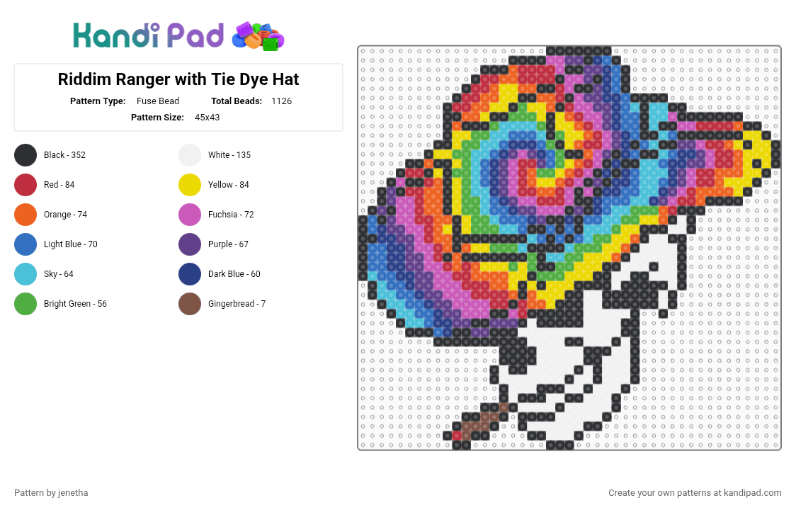 Riddim Ranger with Tie Dye Hat - Fuse Bead Pattern by jenetha on Kandi Pad - orange,light blue,purple,colorful