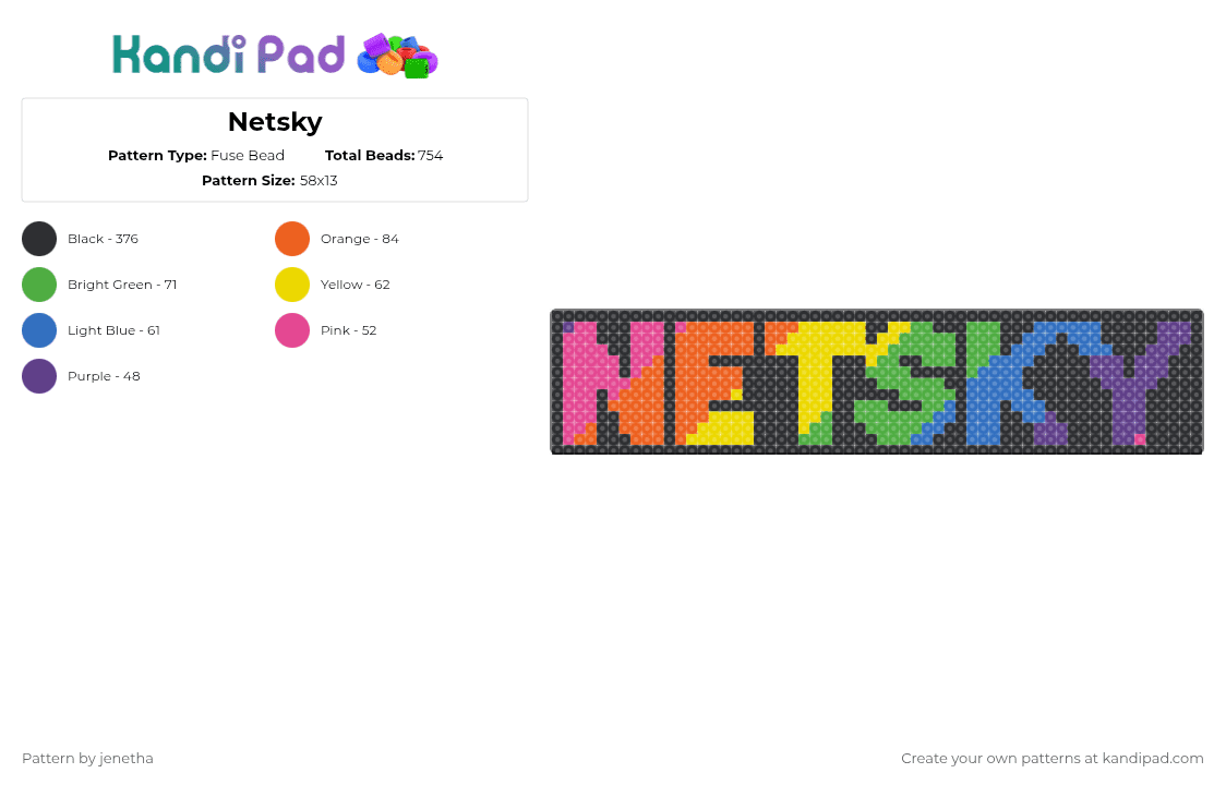 Netsky - Fuse Bead Pattern by jenetha on Kandi Pad - black,yellow,blue,colorful