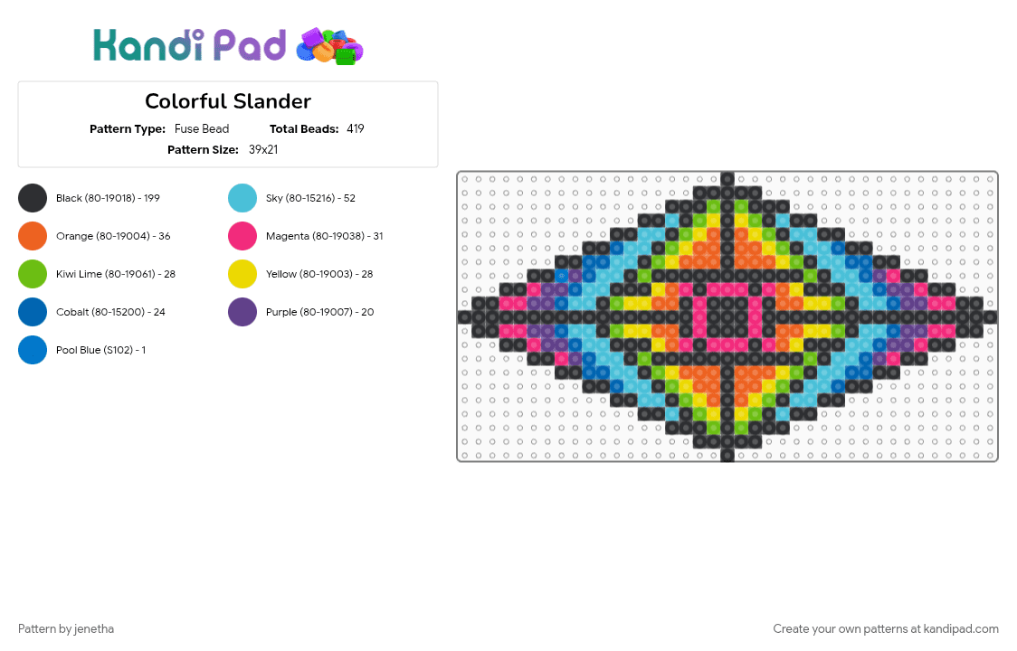 Colorful Slander - Fuse Bead Pattern by jenetha on Kandi Pad - black, light blue, orange, pink