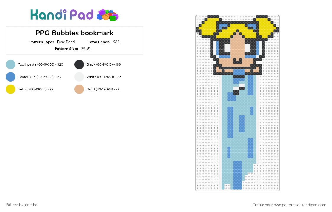 PPG Bubbles bookmark - Fuse Bead Pattern by jenetha on Kandi Pad - light blue, power puff girls