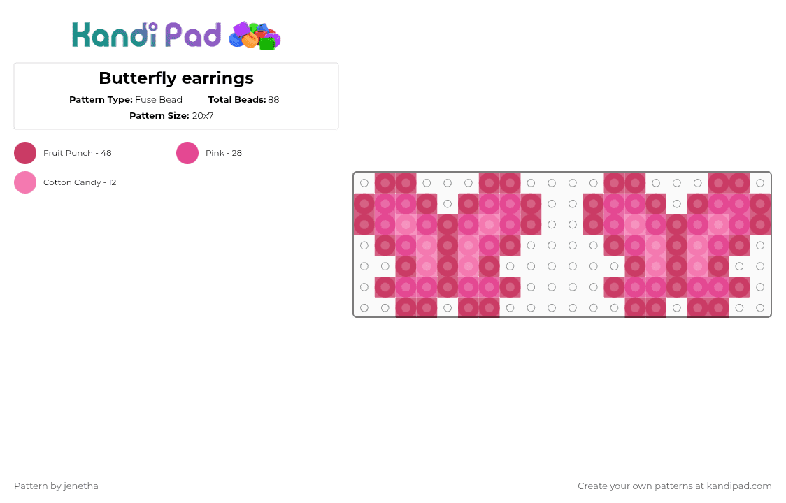 Butterfly earrings - Fuse Bead Pattern by jenetha on Kandi Pad - pink