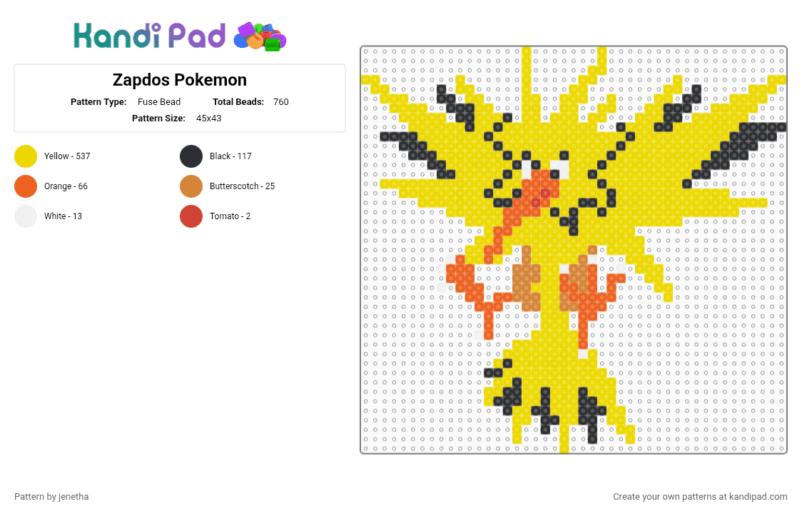 Zapdos Pokemon - Fuse Bead Pattern by jenetha on Kandi Pad - yellow
