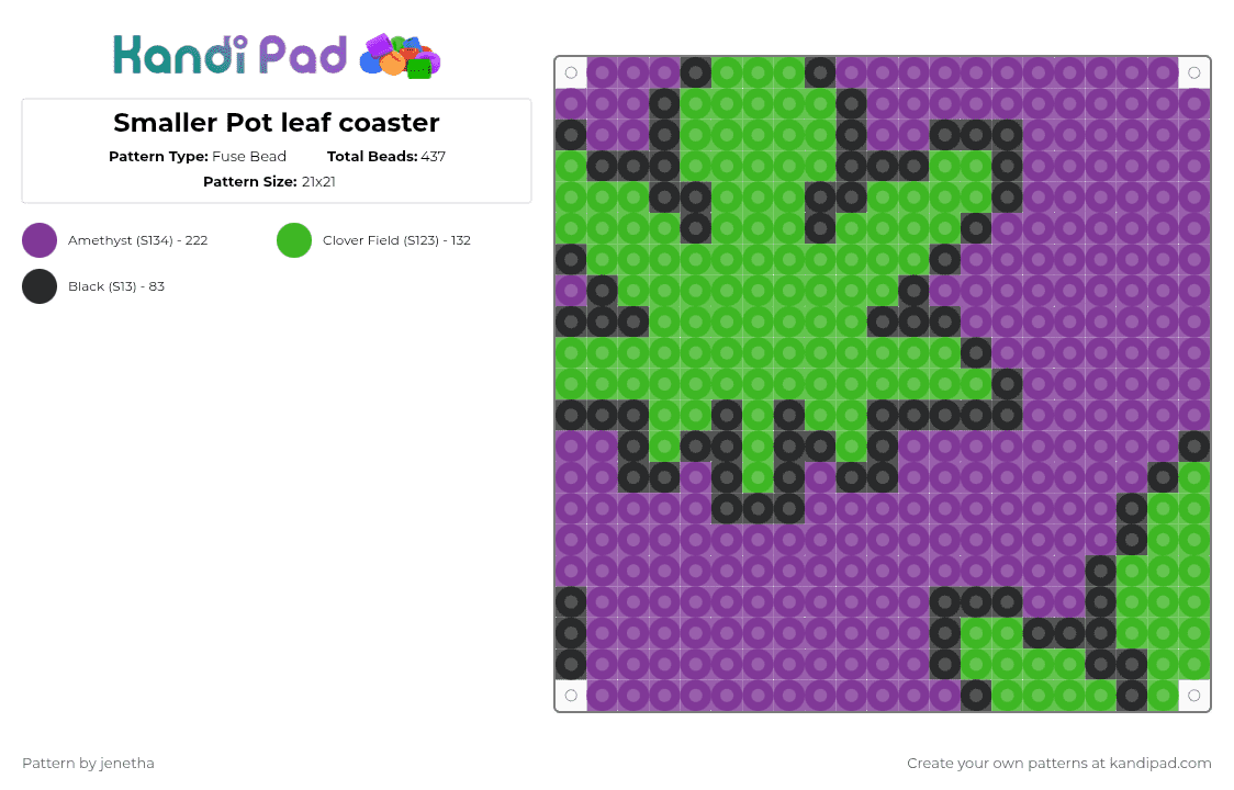 Smaller Pot leaf coaster - Fuse Bead Pattern by jenetha on Kandi Pad - green,pink