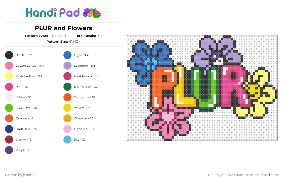PLUR and Flowers - Fuse Bead Pattern by jenetha on Kandi Pad - plur,flowers,party,music,festival,nature,pink,orange,yellow,colorful