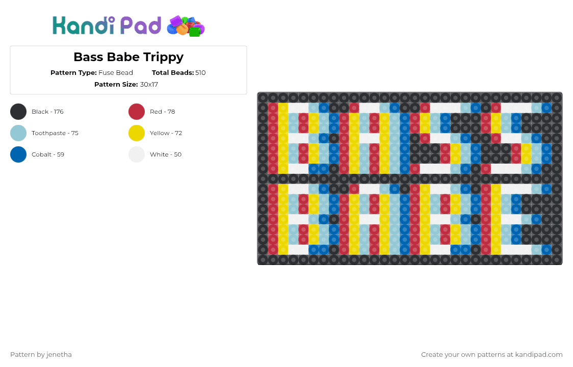 Bass Babe Trippy - Fuse Bead Pattern by jenetha on Kandi Pad - red,yellow,light blue